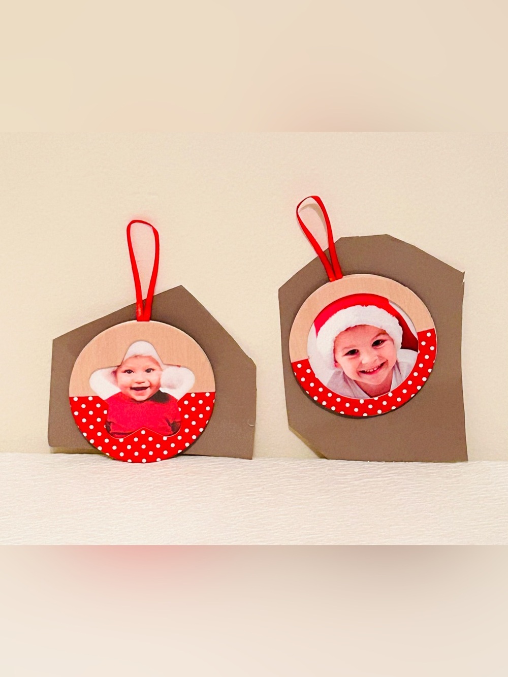 Red, White And Tan Kids/ Pets Photo Holiday Ornaments- Set of 2 New